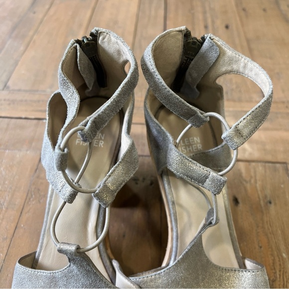 Eileen Fisher Lou Block Heel Sandal Open Toe Metallic Gold Strappy Zip Size 8.5 - Picture 5 of 11